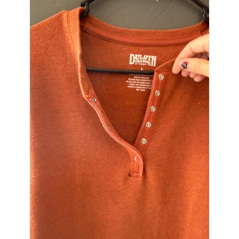 Duluth Trading Co Womens Burnt Orange Snap Front Henley Top Large Long Sleeve